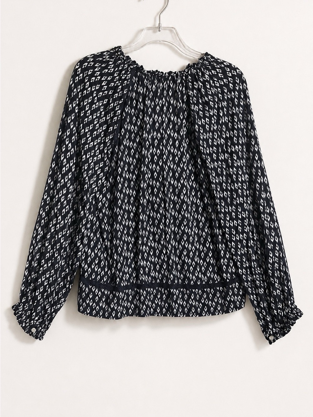 THML Navy Coral Geometric Boho Tassel Tie Balloon Sleeve Blouse - Picture 10 of 11